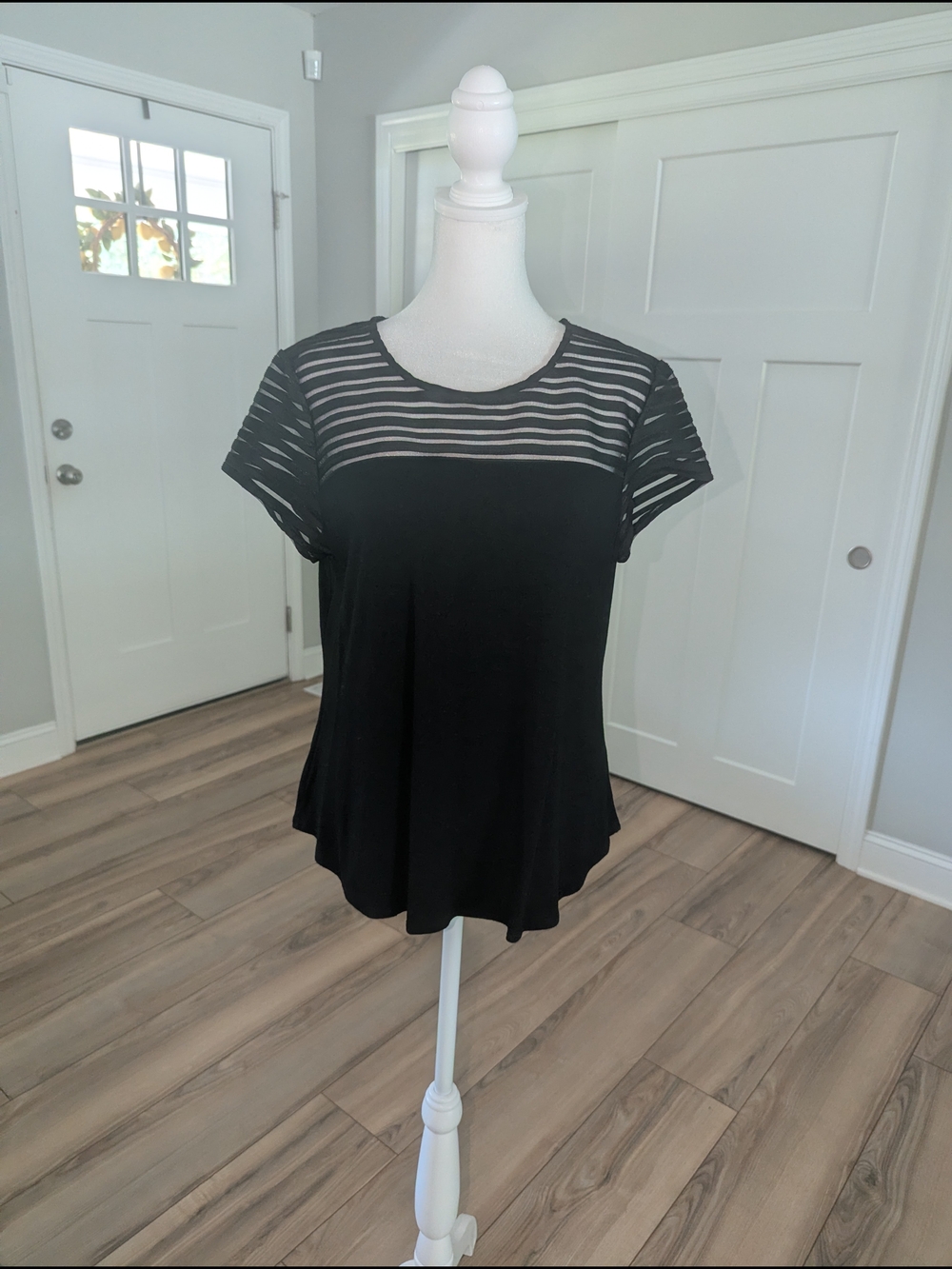 Nue Options Black Short Sleeve Tee with Sheer Stripe Yoke
